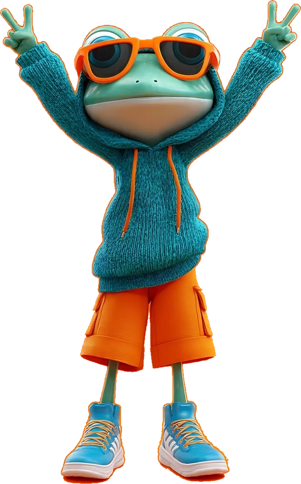 Skimly, the pool frog, cheering with both hands up
